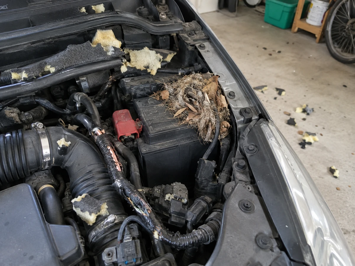 Bits of foam under the car and chewed wires: identification photo (mice & rats)