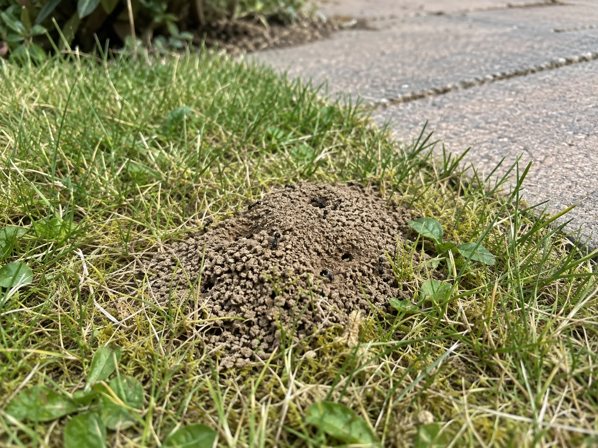 A little volcano of fine soil in the lawn: identification photo (ants)