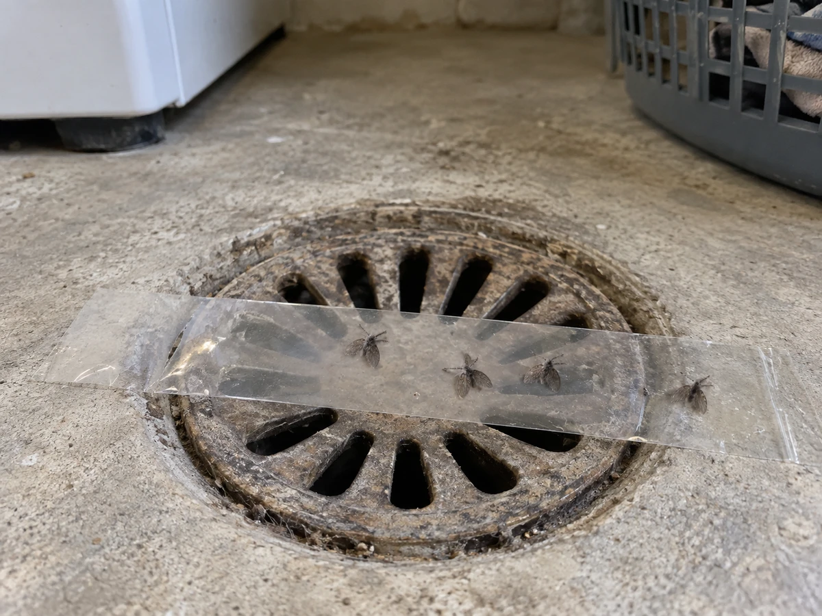 A dry floor drain with flies coming up out of it: identification photo (flies & gnats)