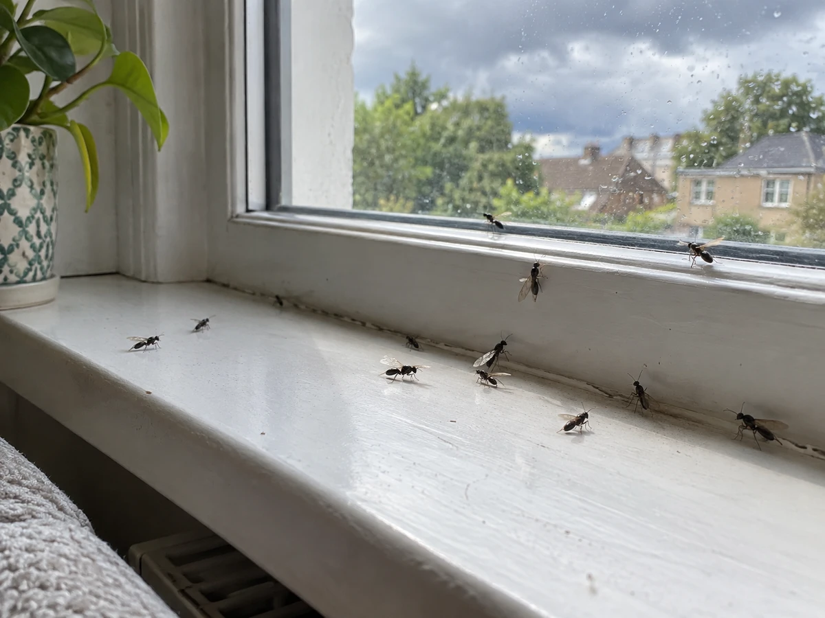 A windowsill black with winged ants: identification photo (ants)