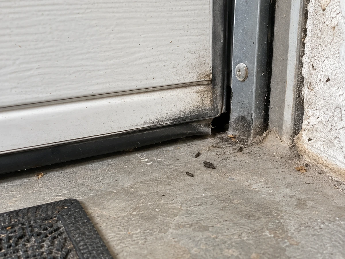 A gap under the garage door edged with greasy marks: identification photo (mice & rats)