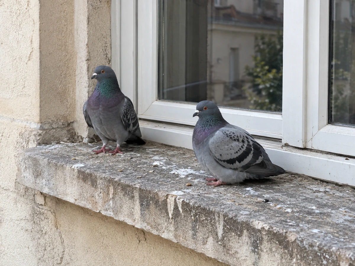 Pigeons settled on the window ledge, with acidic droppings: identification photo (yard & outdoors)