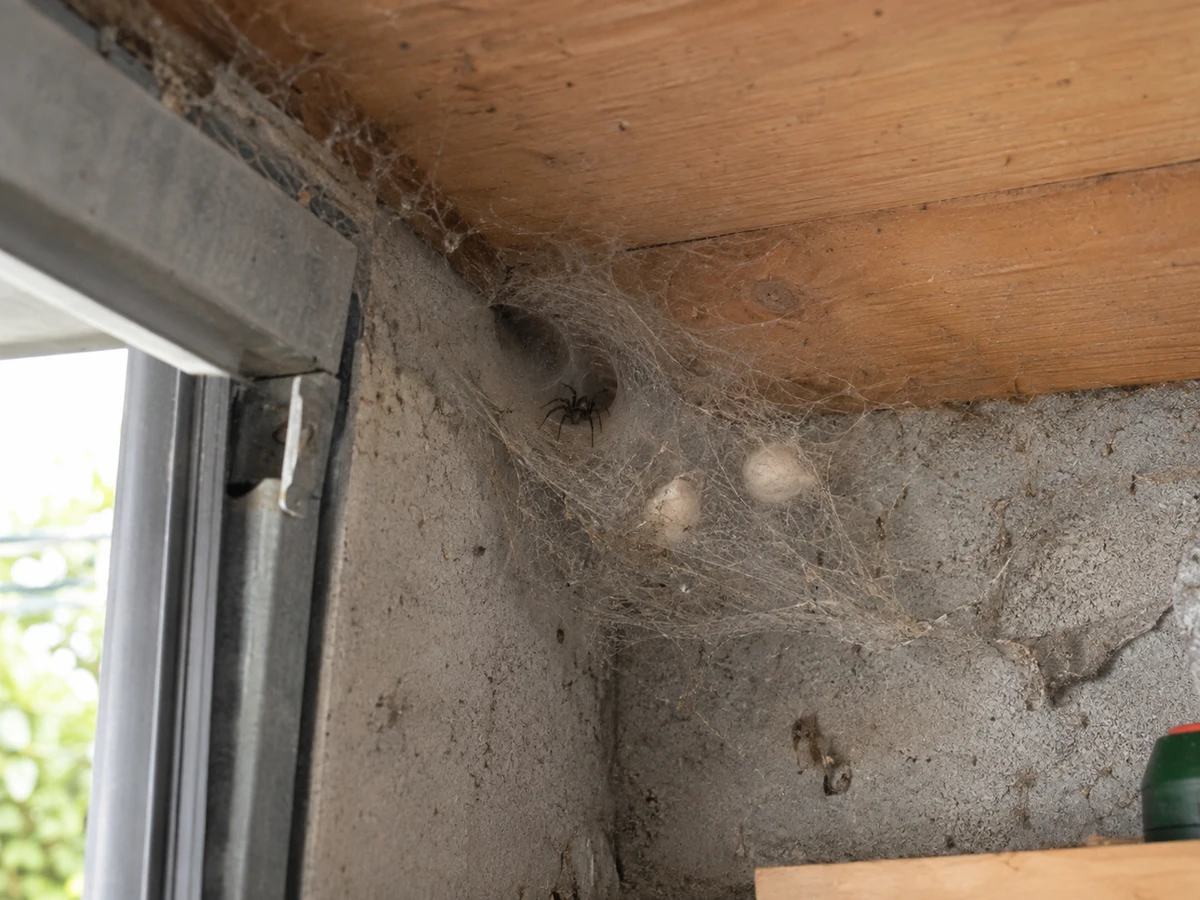 Sheet webs and egg sacs in the garage corner: identification photo (household insects)