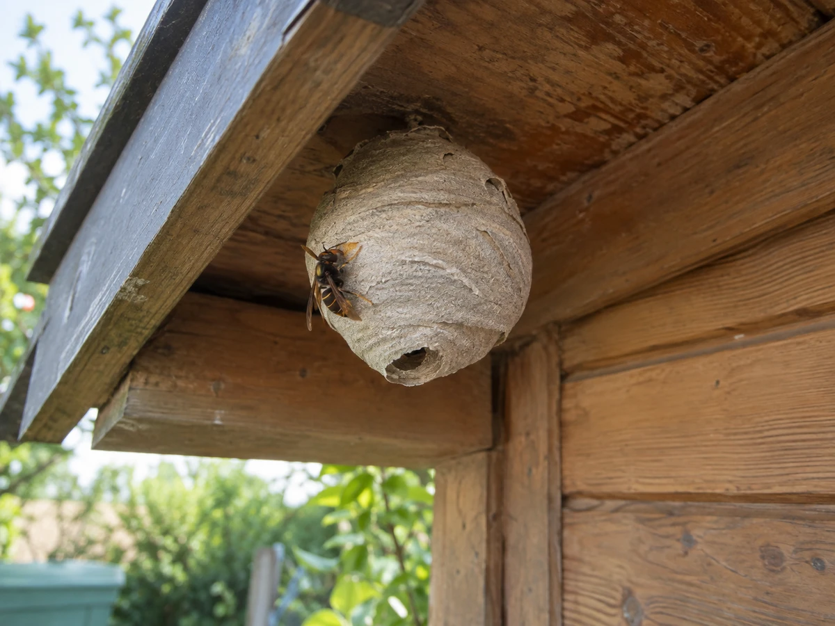 A small papier-mâché nest under the shed eave in spring: identification photo (wasps & hornets)