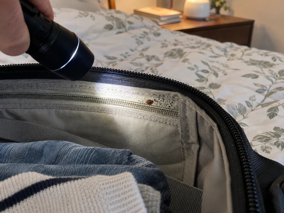 A suitcase back from a trip, set down on the bed: identification photo (bed bugs)