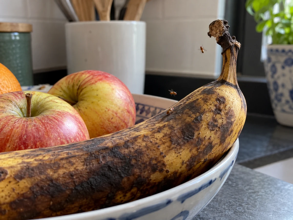 A small cloud of tan, red-eyed flies over the fruit bowl: identification photo (flies & gnats)